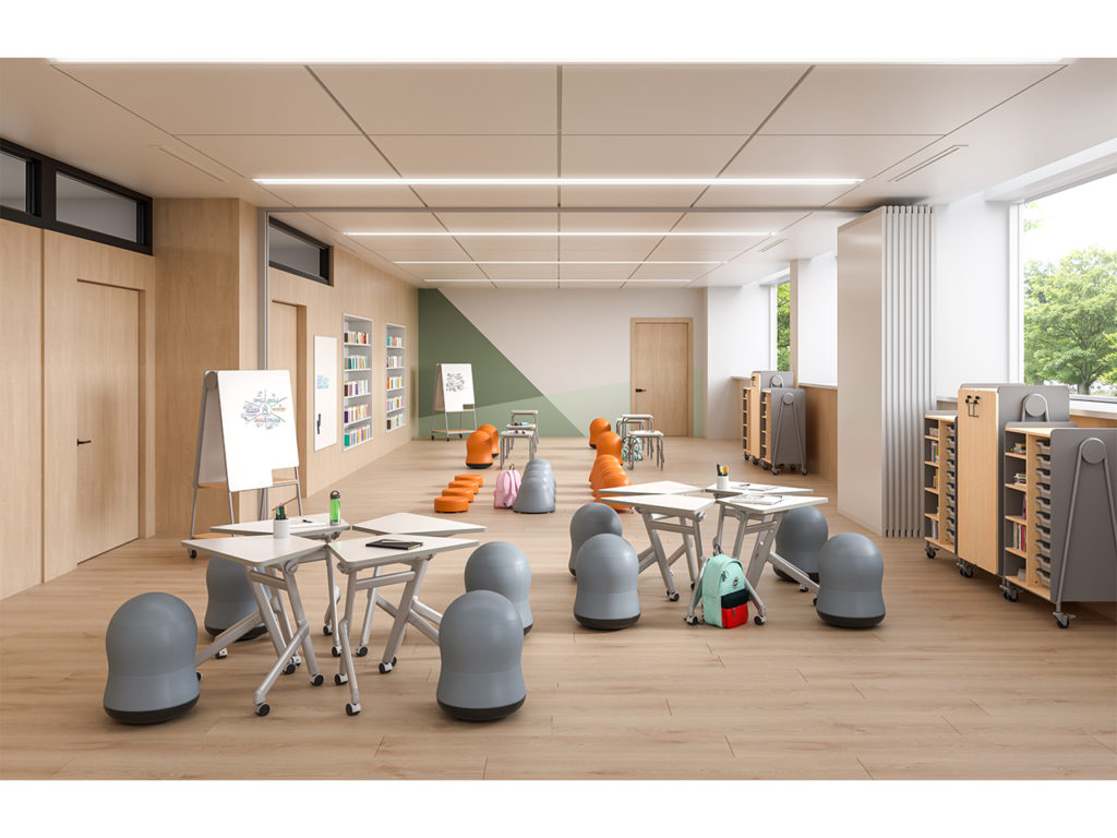 Modern classroom layout featuring flexible seating with wobble chairs