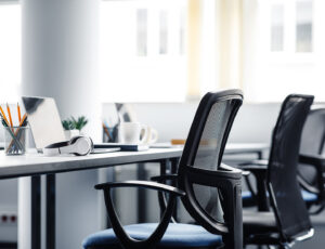 Close up view of office workstations.